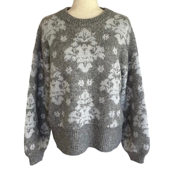 LEWIT Gray Jacquard Print Mohair Wool Blend Pullover Sweater Size Large Balloon - Picture 1 of 9